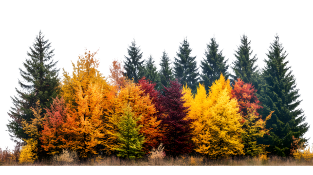 Vibrant autumn forest showcasing colorful foliage, isolated on a transparent background