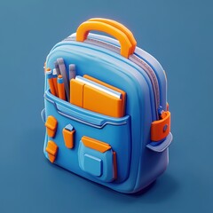 Blue and orange backpack with a zipper pocket and a pencil pouch