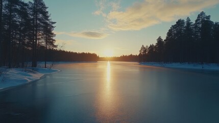 Finland dawn light over a frosted forest lake, serene reflections of golden skies and towering pines.