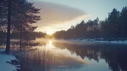 Finlands forest lake at dawn, frost sparkling, water reflecting golden sunlight and mighty pine trees.