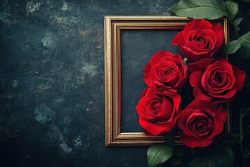 Gold frame with lush red roses, dark backdrop. Perfect for Valentine's, romance, or memorial themes.