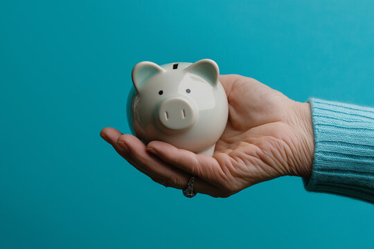 Senior woman holding piggy bank symbolizing saving money