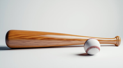Wooden baseball bat lying near baseball on white background