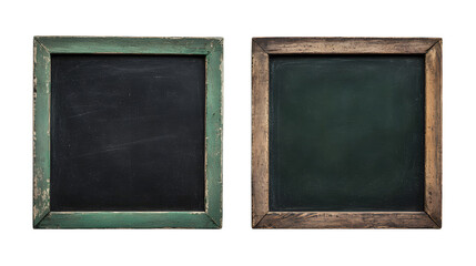Fototapeta premium Vintage wooden-framed black and green chalkboards side-by-side, isolated on a white background ideal for classroom, education, and school visuals.