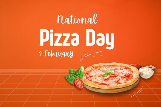 Pizza day, pizza with dough on an orange background