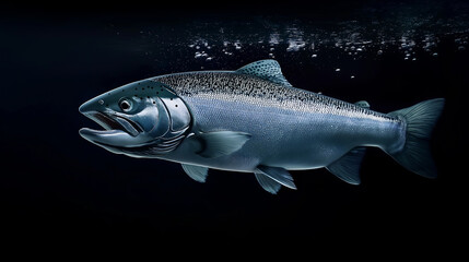 Chinook salmon swimming in dark water with air bubbles