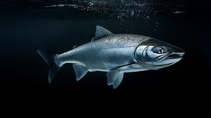 Obraz premium Coho salmon swimming in dark water with air bubbles