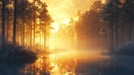 Finland serene forest lake at sunrise, glowing golden light, misty reflections, frosted shorelines, and majestic pines.