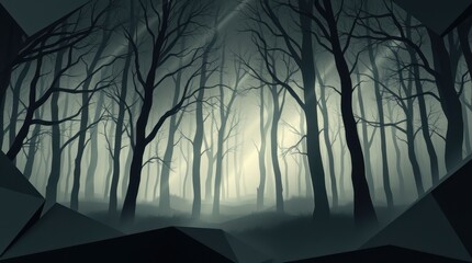 A misty forest scene with bare trees, creating a mysterious and eerie atmosphere.