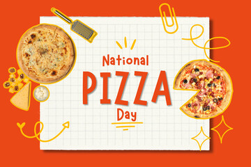 Pizza day, pizza with dough on an orange background