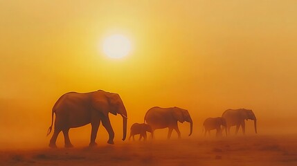 Obraz premium Elephant Family Silhouetted Against Sunset In Africa