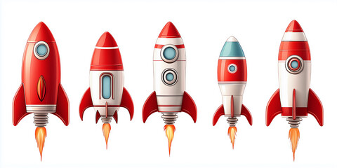 Five red and white rockets launching into space