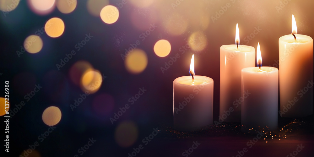 Poster burning candles illuminating bokeh background creating warm atmosphere