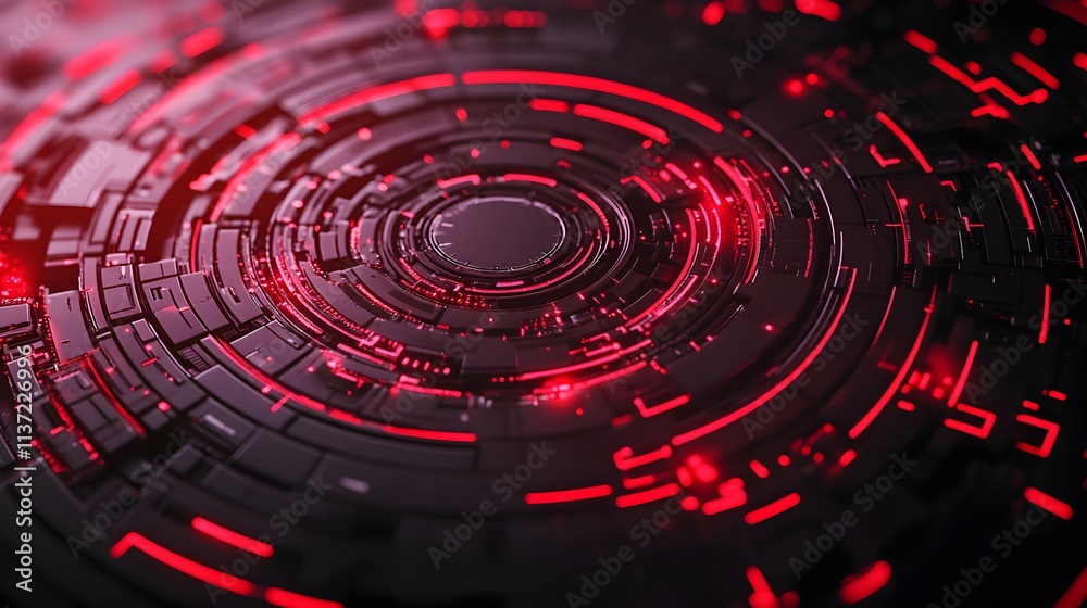 Poster a futuristic, abstract design featuring concentric circles with glowing red lines against a dark bac