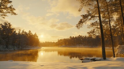 Fototapeta premium Finland sunrise over a serene forest lake, frost-covered ground glowing, misty calm water, and golden reflections.