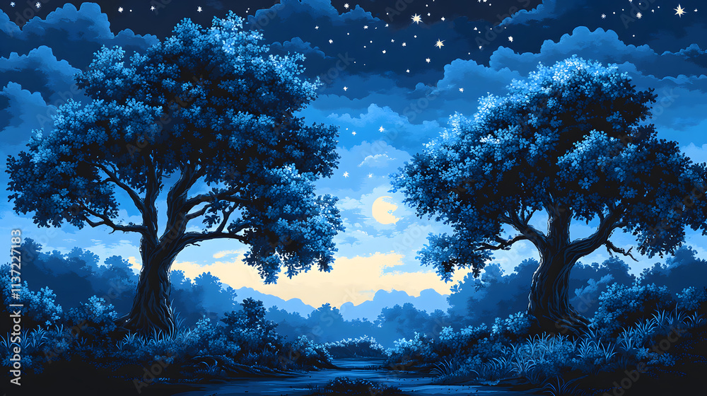 Poster a serene night scene featuring silhouetted trees under a starry sky, illuminated by soft moonlight, 