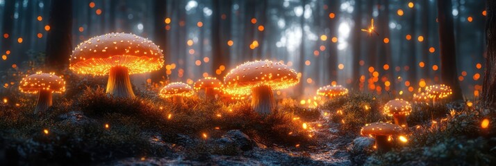 Obraz premium Enchanted Forest: Glowing Mushrooms in a Magical Night