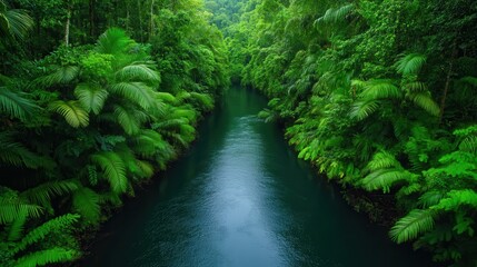 Fototapeta premium Lush river landscape in a serene abundant rainforest