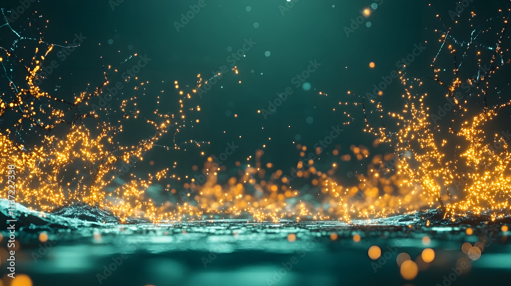 Poster a mesmerizing splash of water illuminated with golden sparks against a serene blue backdrop creates 