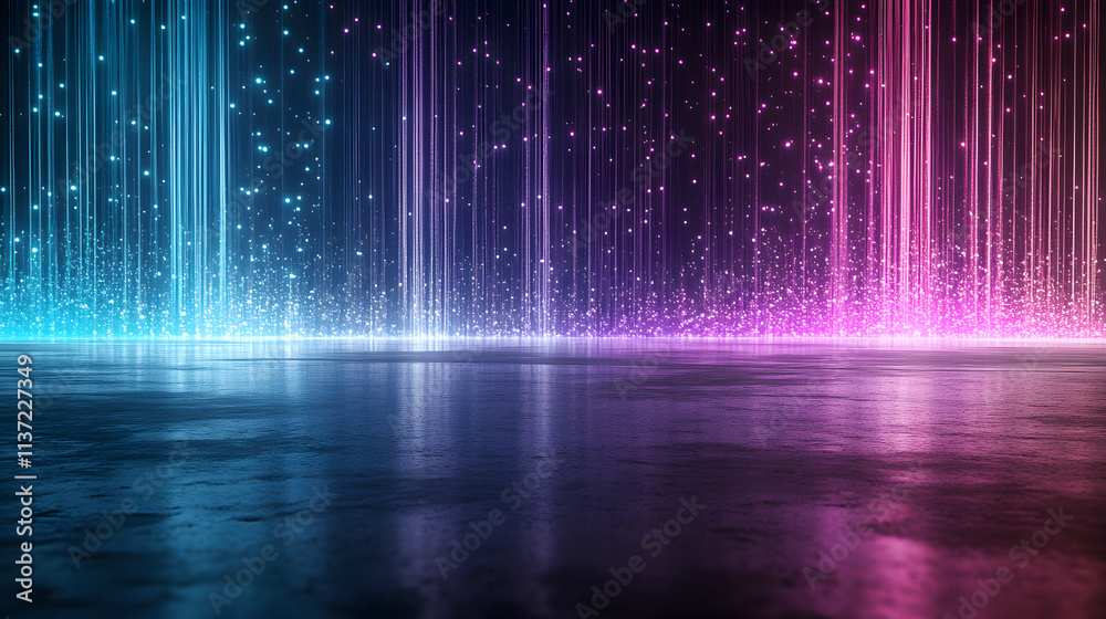 Poster A vibrant digital landscape featuring cascading colorful lights, creating a mesmerizing effect against a dark background
