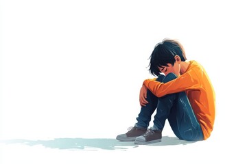 Sad Boy Sitting with His Knees Hugging and Thinking , illustration, Childhood Depression, Abandonment , Generative AI