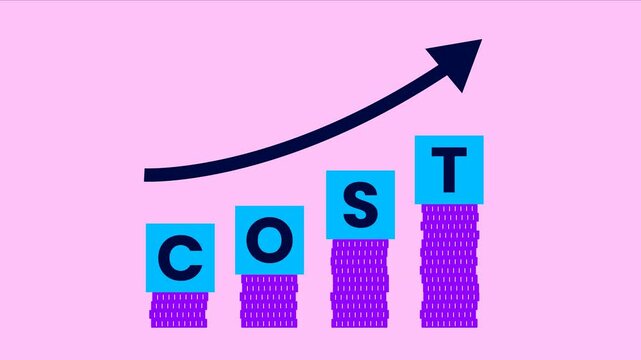 An illustration of rising costs featuring stacked coins, block letters spelling &ldquo;COST,&rdquo; and an upward black arrow on a pink background, symbolizing financial inflation and expenses.