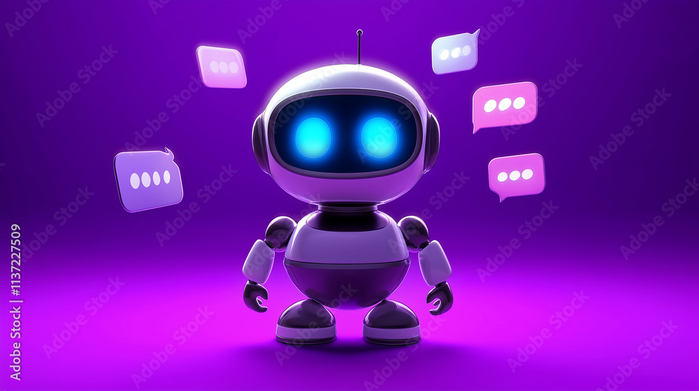 Poster cute robot chatting with speech bubbles on purple background