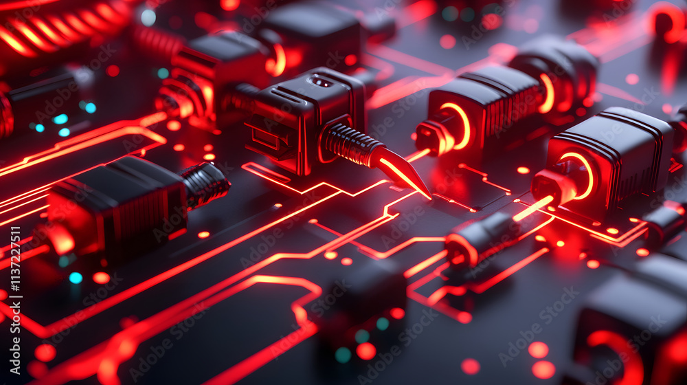 Poster A close-up view of a circuit board featuring glowing red lines and connectors, showcasing intricate electronic components and modern technological design