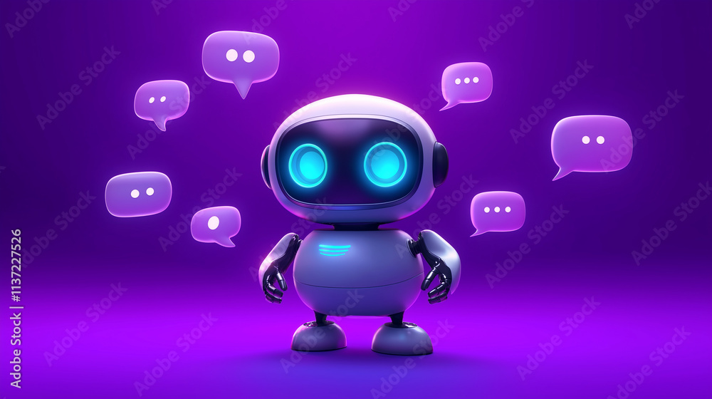 Poster cute robot chatting with speech bubbles on purple background