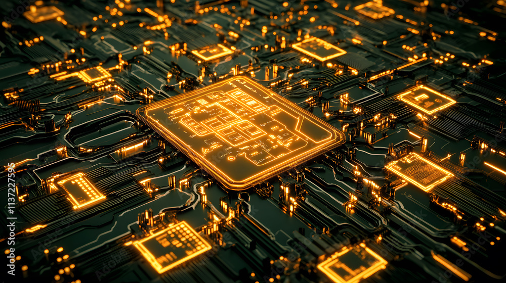 Poster A close-up view of a glowing computer chip surrounded by intricate circuit patterns, showcasing technological advancement