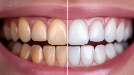 Teeth whitening, showing improvement from yellow to white, dental health concept