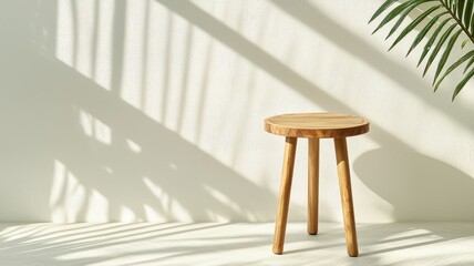 A minimalist wooden stool casts soft shadows against a textured wall, complemented by a green leaf, creating a serene and stylish atmosphere.