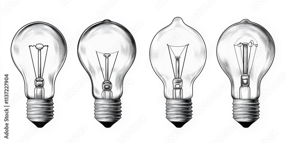 Poster four light bulbs showing different filament types in realistic pencil drawing style