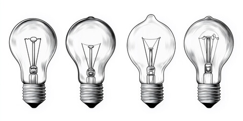 Four light bulbs showing different filament types in realistic pencil drawing style