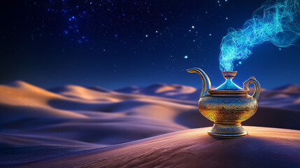 Magic lamp releasing genie in a desert under starry night