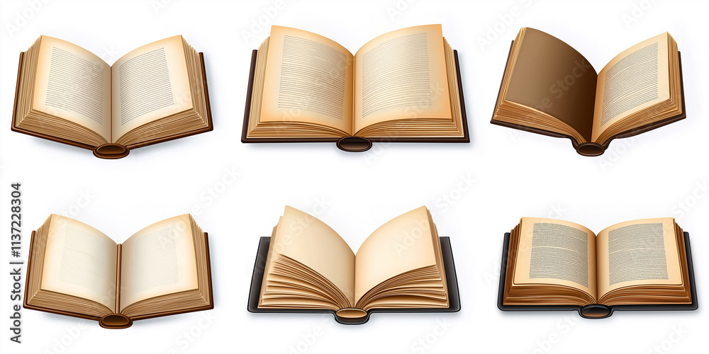 Poster Set of open old books with blank and text pages on white background