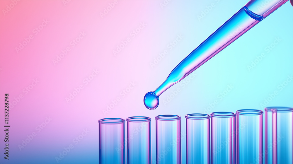 Poster pipette dropping blue liquid into test tubes in laboratory setting