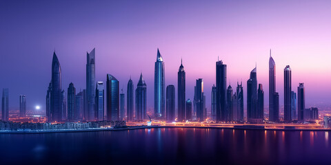 Fototapeta premium Dubai marina skyline reflecting in water at dawn with purple sky