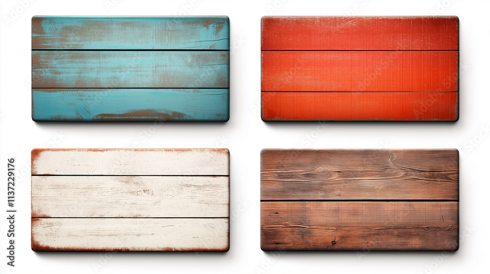 Poster four empty wooden signs with different colors and textures hanging on white background