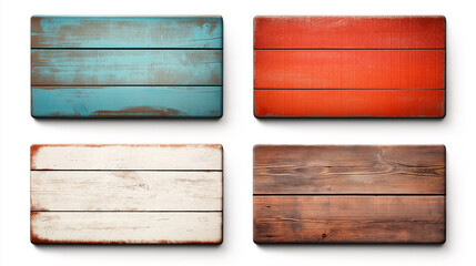 Fototapeta premium Four empty wooden signs with different colors and textures hanging on white background