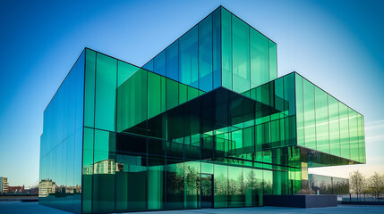 Modern green glass building reflecting city skyline under blue sky
