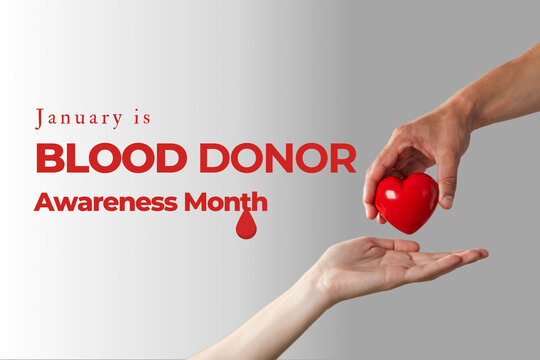 Blood donation, hand with heart and text, on bright background.