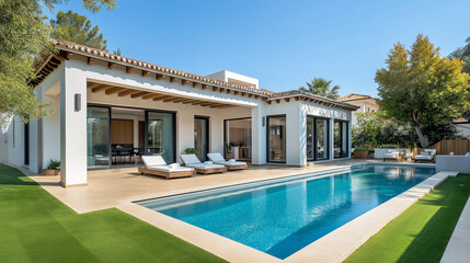Fototapeta premium Modern luxury villa featuring swimming pool and lush green lawn