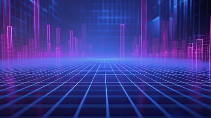 Bar graph with rising columns representing growth, set on a blue grid background.