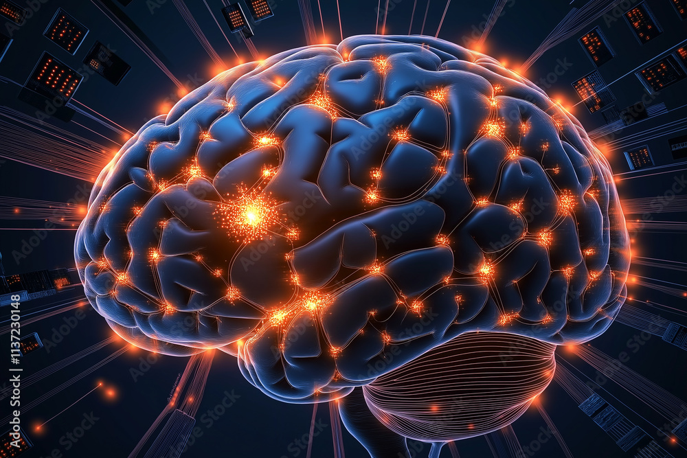 Poster Human brain receiving data from computer chips, artificial intelligence concept