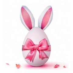 Fototapeta premium Easter Egg with Bunny Ears and Pink Bow. Cute Bunny Eared Egg for Easter. white background cutout