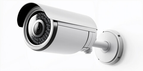 Modern security camera mounted on white wall providing surveillance