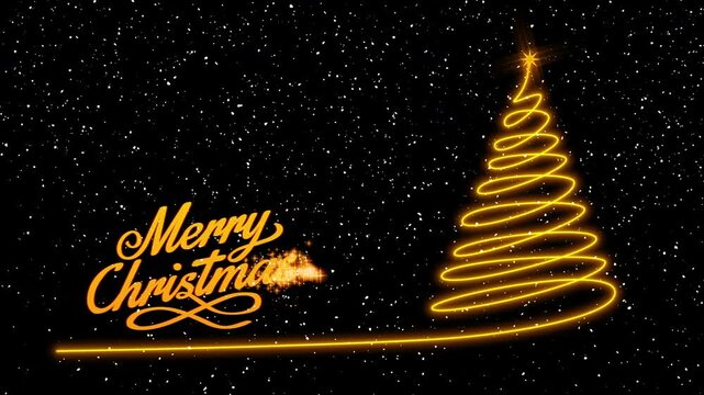 Animated drawing of golden "Merry Christmas" text with a glowing tree against a snowing background. Alpha channel.