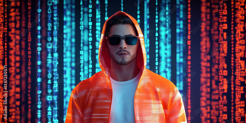Poster Hacker wearing orange hoodie and sunglasses standing in front of binary code matrix