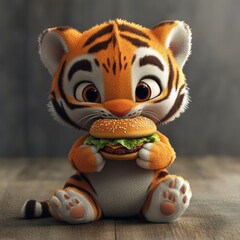 Cartoon tiger is holding a hamburger in its mouth